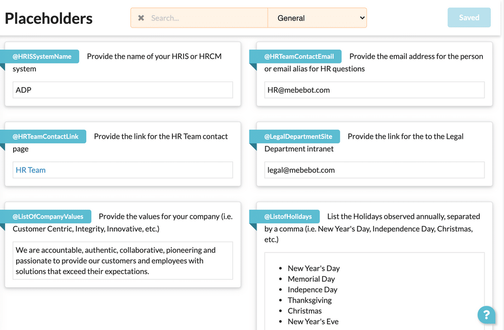 Interface Image of MeBeBot Knowledge Base Placeholders