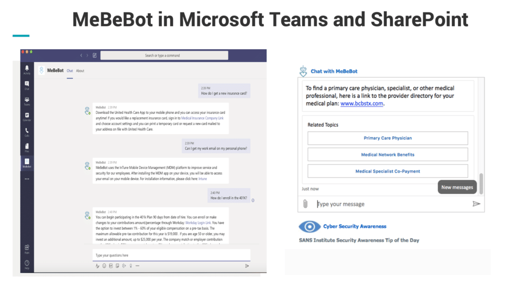 Interface Image of How MeBeBot functions in Microsoft Teams and SharePoint