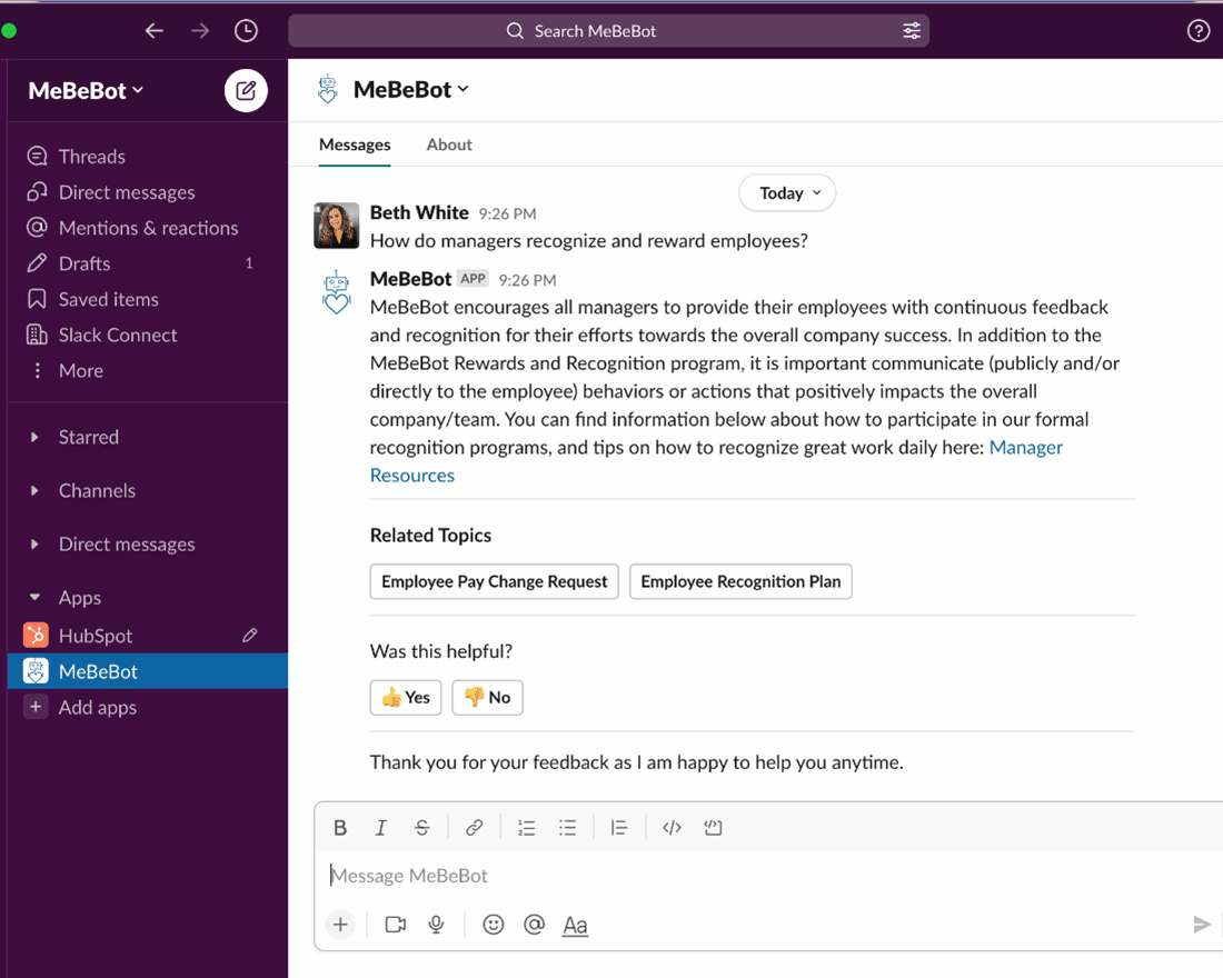 Interface Image of Manager Toolbot Inside Slack