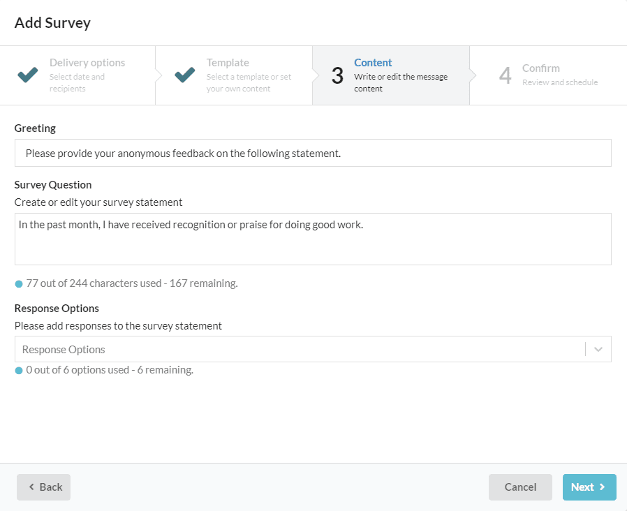 Interface Image of MeBeBot's Pulse Survey Content Editor